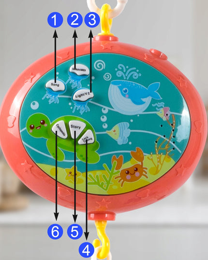 Kūdikio lovelės karuselė su projektoriumi, pulteliu, barškučiais, 100 melodijų ir laikmačiu