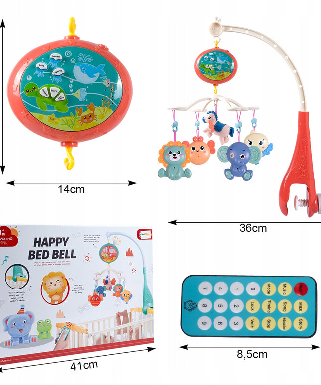 Kūdikio lovelės karuselė su projektoriumi, pulteliu, barškučiais, 100 melodijų ir laikmačiu