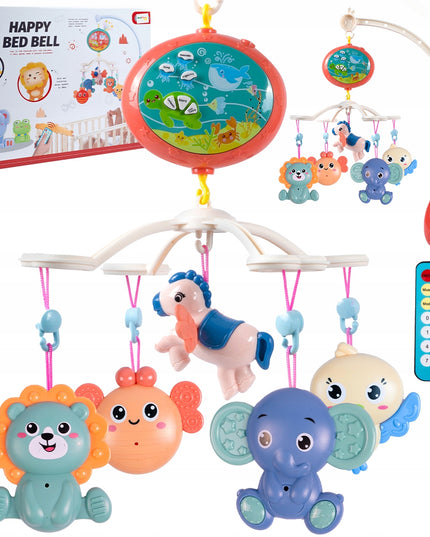 Kūdikio lovelės karuselė su projektoriumi, pulteliu, barškučiais, 100 melodijų ir laikmačiu