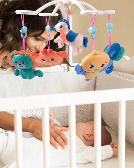 Kūdikio lovelės karuselė su projektoriumi, pulteliu, barškučiais, 100 melodijų ir laikmačiu