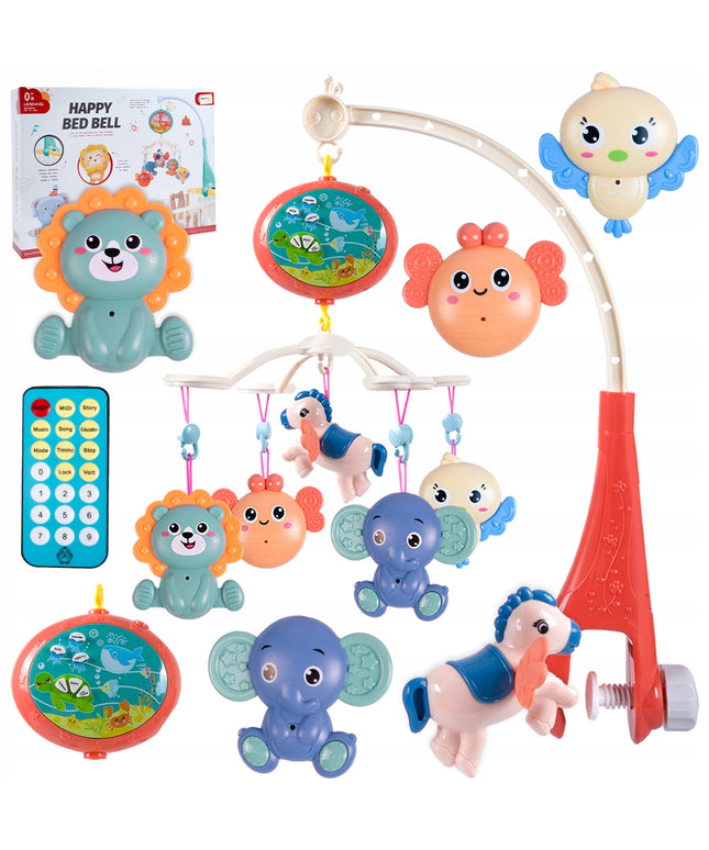 Kūdikio lovelės karuselė su projektoriumi, pulteliu, barškučiais, 100 melodijų ir laikmačiu