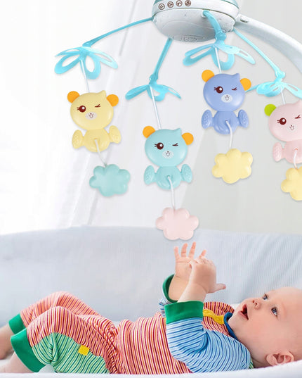 Karuselė lovytei su žvaigždžių projektoriumi, melodijomis ir meškučiais, valdoma pulteliu