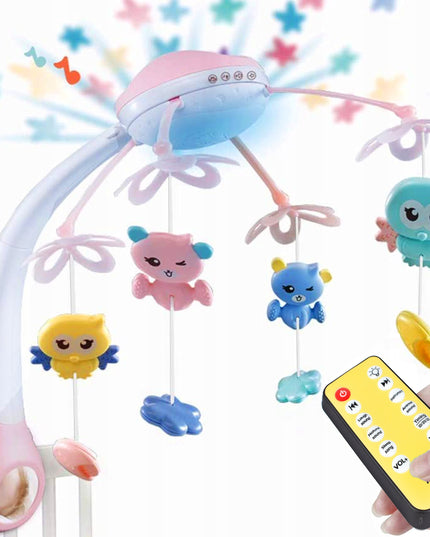 Karuselė lovytei su žvaigždžių projektoriumi, melodijomis ir meškučiais, valdoma pulteliu