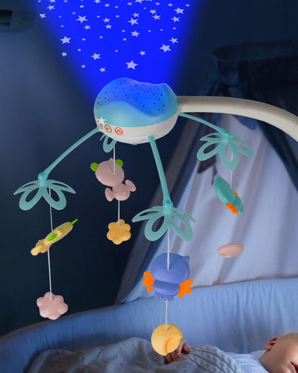 Karuselė lovytei su žvaigždžių projektoriumi, melodijomis ir meškučiais, valdoma pulteliu
