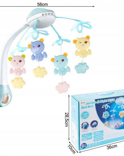 Karuselė lovytei su žvaigždžių projektoriumi, melodijomis ir meškučiais, valdoma pulteliu