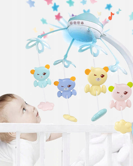 Karuselė lovytei su žvaigždžių projektoriumi, melodijomis ir meškučiais, valdoma pulteliu