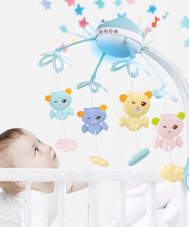 Karuselė lovytei su žvaigždžių projektoriumi, melodijomis ir meškučiais, valdoma pulteliu