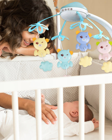 Karuselė lovytei su žvaigždžių projektoriumi, melodijomis ir meškučiais, valdoma pulteliu