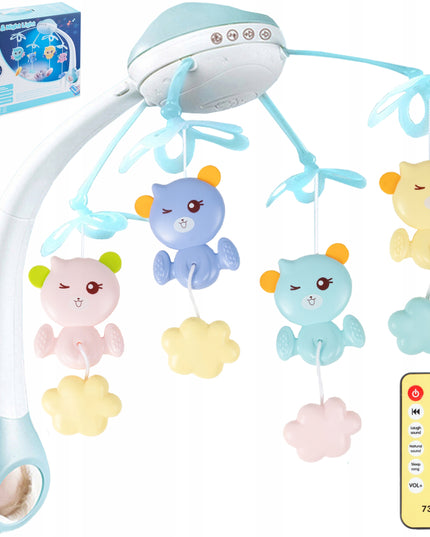 Karuselė lovytei su žvaigždžių projektoriumi, melodijomis ir meškučiais, valdoma pulteliu