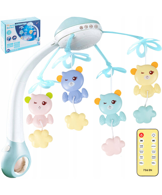 Karuselė lovytei su žvaigždžių projektoriumi, melodijomis ir meškučiais, valdoma pulteliu