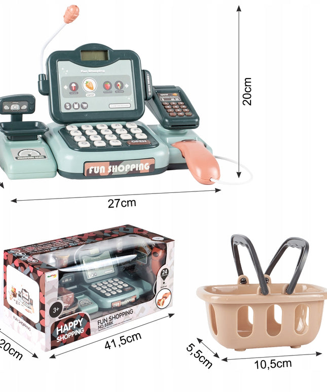 Didelė interaktyvi parduotuvės fiskalinė kasa su ekranu, skaneriu, svarstyklėmis ir pirkinių krepšeliu