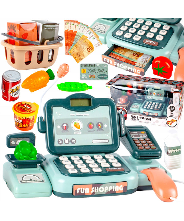 Didelė interaktyvi parduotuvės fiskalinė kasa su ekranu, skaneriu, svarstyklėmis ir pirkinių krepšeliu