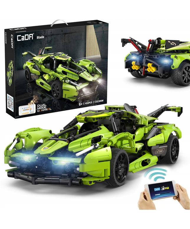 CADA statybiniai blokeliai, automobilis su nuotoliniu valdymu, BALDE, 432 elementai, RC dviejų režimų + LED