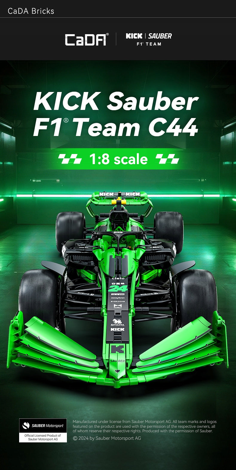 Konstruktorius CADA F1 Kick Sauber komanda "Formulė 1" lenktyninis automobilis 2553 detalės, mastelis 1:8