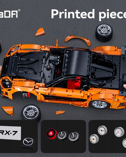 Statybiniai blokeliai CaDA MAZDA RX-7 VEILSIDE komplektas, nuotoliniu būdu valdomas 3305 dalys. RC + LED