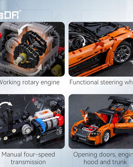 Statybiniai blokeliai CaDA MAZDA RX-7 VEILSIDE komplektas, nuotoliniu būdu valdomas 3305 dalys. RC + LED