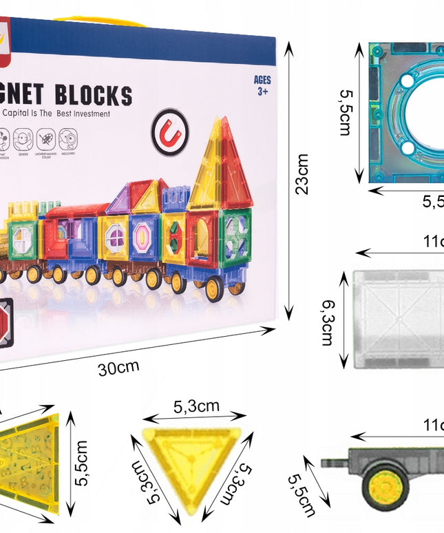 Magnetiniai konstruktorių blokeliai 3D, edukacinis traukinukas, 72 elementai