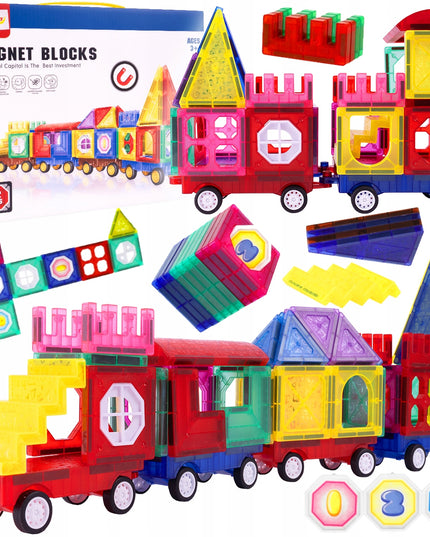 Magnetiniai konstruktorių blokeliai 3D, edukacinis traukinukas, 72 elementai