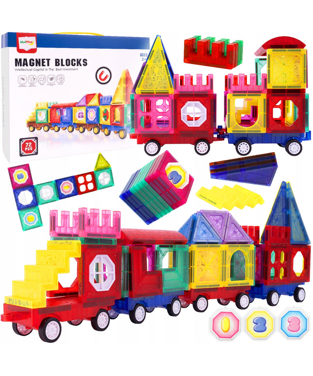 Magnetiniai konstruktorių blokeliai 3D, edukacinis traukinukas, 72 elementai