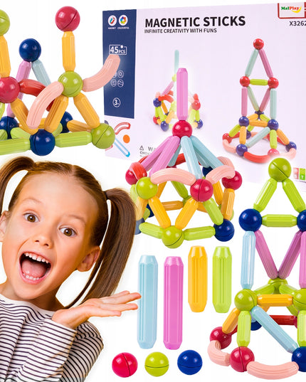 Magnetinės konstrukcinės mokomosios kaladėlės 45 elementai vaikams MAGNETIC STICK