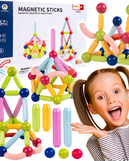 Magnetinės konstrukcinės mokomosios kaladėlės 45 elementai vaikams MAGNETIC STICK