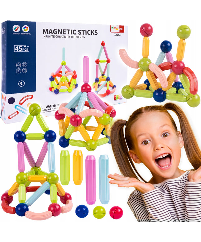 Magnetinės konstrukcinės mokomosios kaladėlės 45 elementai vaikams MAGNETIC STICK
