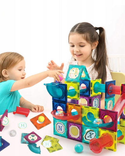 Magnetiniai statybiniai blokeliai, šviečianti rutuliukų trasa, 3D čiuožykla