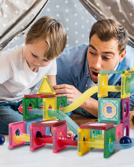 Magnetiniai statybiniai blokeliai, šviečianti rutuliukų trasa, 3D čiuožykla