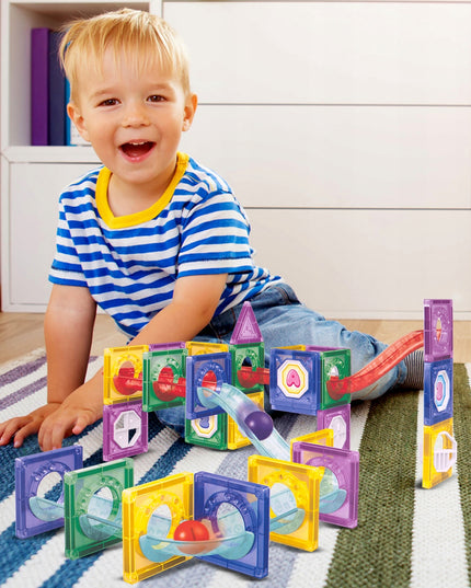 Magnetiniai statybiniai blokeliai, šviečianti rutuliukų trasa, 3D čiuožykla