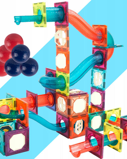 Magnetiniai statybiniai blokeliai, šviečianti rutuliukų trasa, 3D čiuožykla