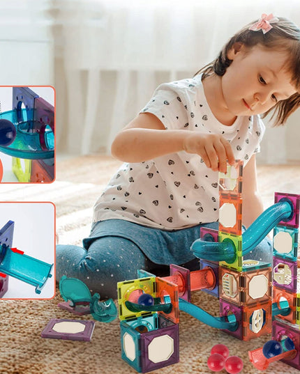 Magnetiniai statybiniai blokeliai, šviečianti rutuliukų trasa, 3D čiuožykla