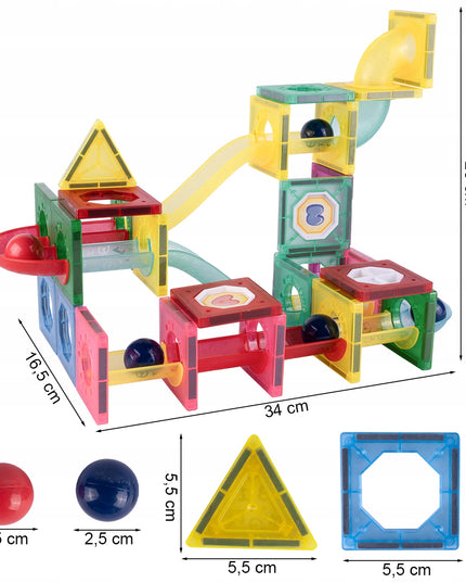 Magnetiniai statybiniai blokeliai, šviečianti rutuliukų trasa, 3D čiuožykla