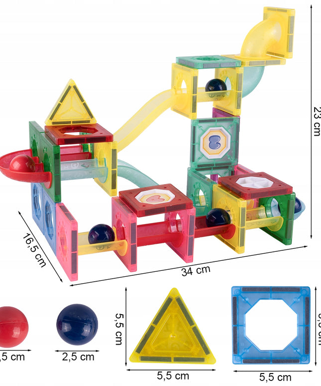 Magnetiniai statybiniai blokeliai, šviečianti rutuliukų trasa, 3D čiuožykla