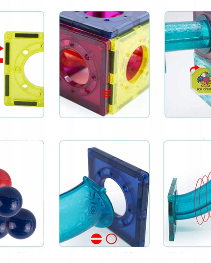 Magnetiniai statybiniai blokeliai, šviečianti rutuliukų trasa, 3D čiuožykla
