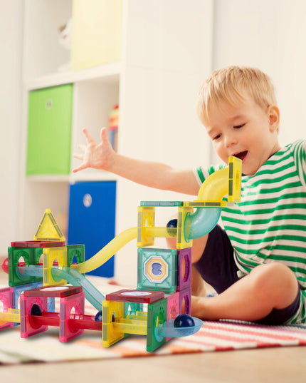Magnetiniai statybiniai blokeliai, šviečianti rutuliukų trasa, 3D čiuožykla
