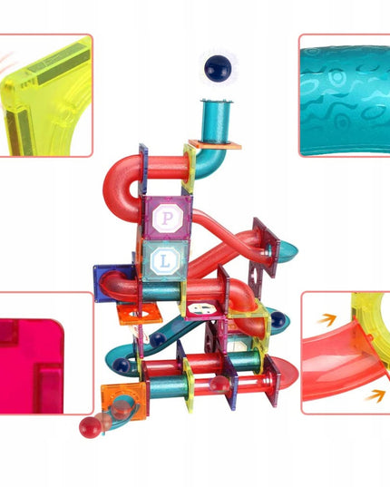 Magnetiniai statybiniai blokeliai, šviečianti rutuliukų trasa, 3D čiuožykla