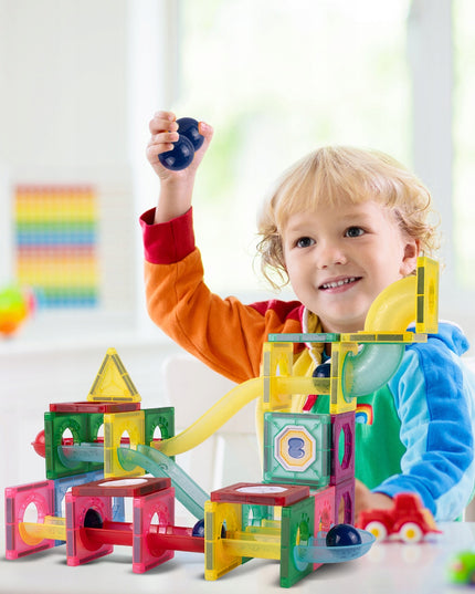 Magnetiniai statybiniai blokeliai, šviečianti rutuliukų trasa, 3D čiuožykla