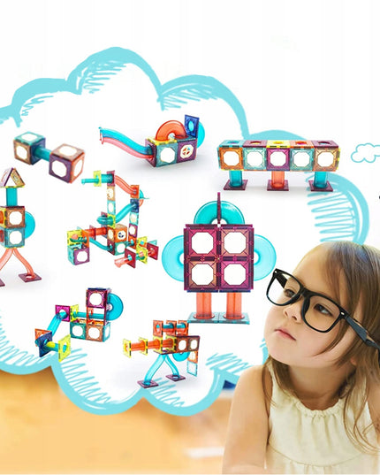 Magnetiniai statybiniai blokeliai, šviečianti rutuliukų trasa, 3D čiuožykla