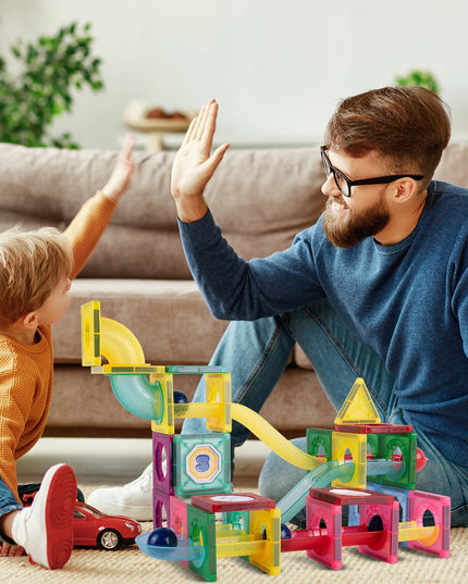 Magnetiniai statybiniai blokeliai, šviečianti rutuliukų trasa, 3D čiuožykla