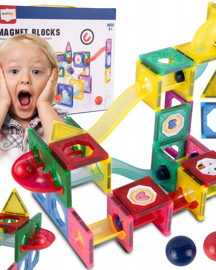 Magnetiniai statybiniai blokeliai, šviečianti rutuliukų trasa, 3D čiuožykla