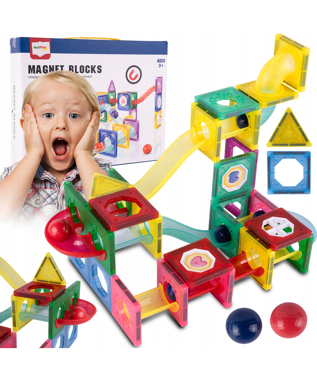 Magnetiniai statybiniai blokeliai, šviečianti rutuliukų trasa, 3D čiuožykla