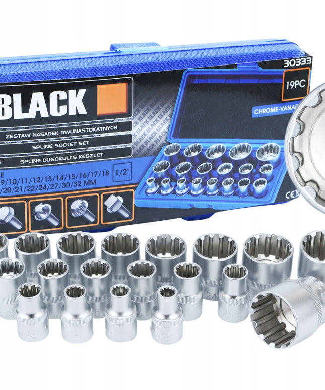 Lizdiniai antgaliai 1/2 SPLINE 12 kampų, dvylika kampų 8-32mm BLACK