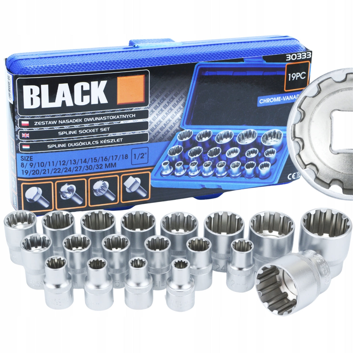 Lizdiniai antgaliai 1/2 SPLINE 12 kampų, dvylika kampų 8-32mm BLACK
