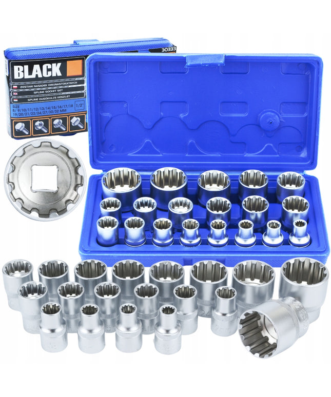 Lizdiniai antgaliai 1/2 SPLINE 12 kampų, dvylika kampų 8-32mm BLACK