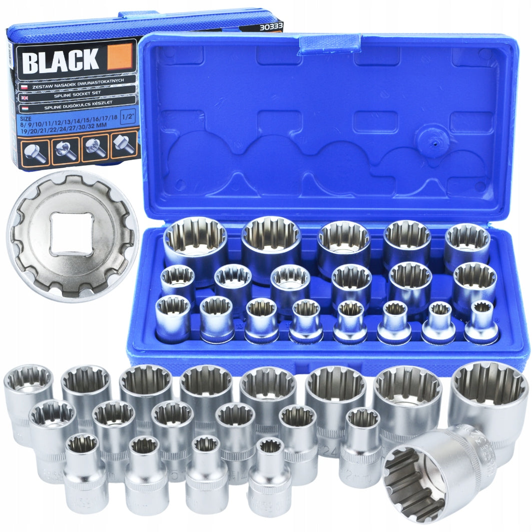Lizdiniai antgaliai 1/2 SPLINE 12 kampų, dvylika kampų 8-32mm BLACK