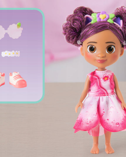 Gabby lėlė iš filmo Gabby's Dollhouse su gėlėta suknele ir priedais
