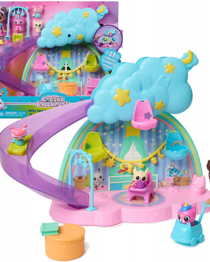 „Gabby's Dollhouse“ kačiukų priežiūros rinkinys su čiuožykla, 4 figūrėlėmis ir priedais