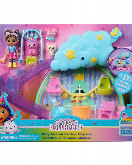„Gabby's Dollhouse“ kačiukų priežiūros rinkinys su čiuožykla, 4 figūrėlėmis ir priedais