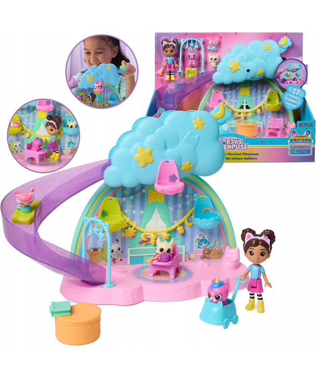 „Gabby's Dollhouse“ kačiukų priežiūros rinkinys su čiuožykla, 4 figūrėlėmis ir priedais