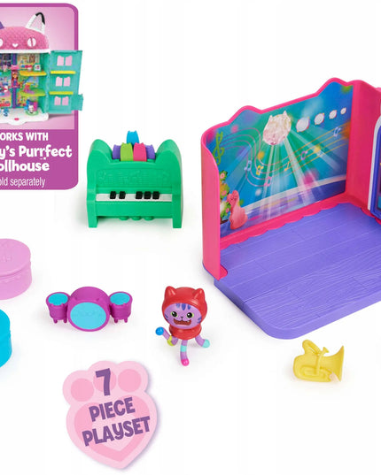 Gabby's Dollhouse muzikos kambario rinkinys su DJ Catnip figūrėle, pianinu ir būgnais